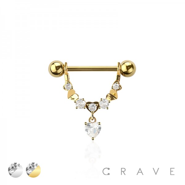 MULTI CZ DANGLE MULTI HEART 316L SURGICAL STEEL NIPPLE RING